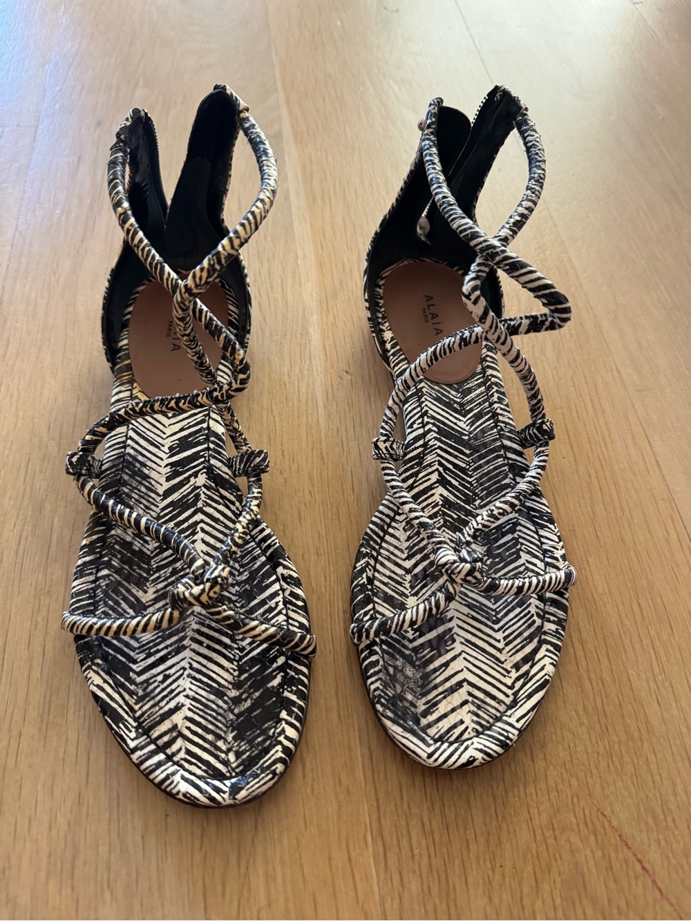 Alaia Black & White Patterned Wrap-Strap Sandals